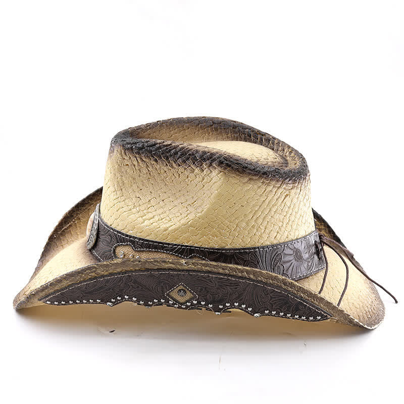 Vintage Flower Buckle Decor Spray Paint Straw Cowboy Hat