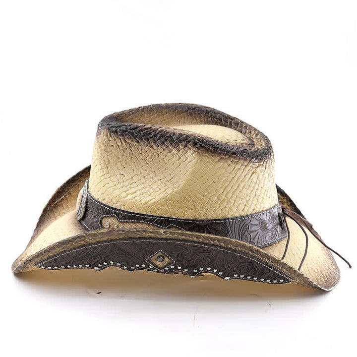 Vintage Flower Buckle Decor Spray Paint Straw Cowboy Hat
