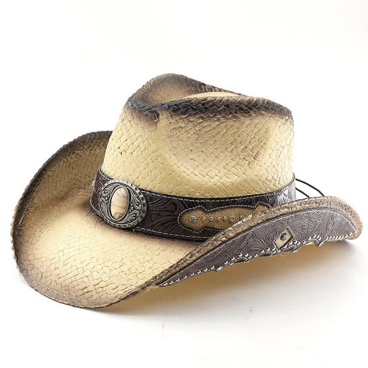 Vintage Flower Buckle Decor Spray Paint Straw Cowboy Hat
