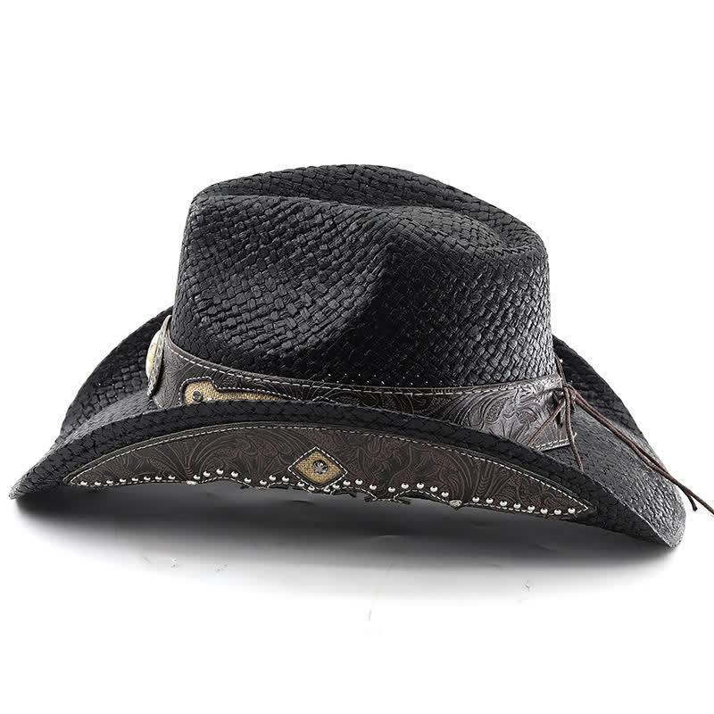 Vintage Flower Buckle Decor Spray Paint Straw Cowboy Hat