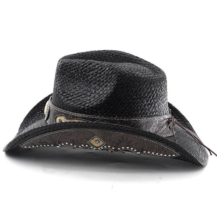 Vintage Flower Buckle Decor Spray Paint Straw Cowboy Hat