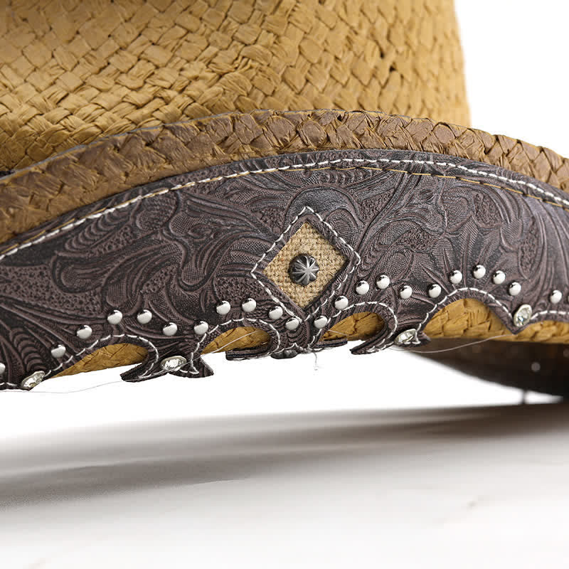 Vintage Flower Buckle Decor Spray Paint Straw Cowboy Hat
