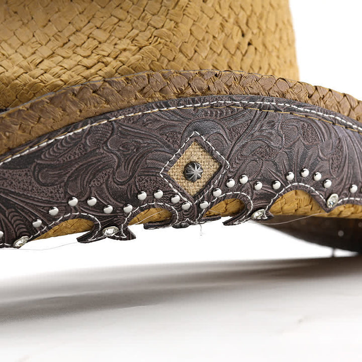 Vintage Flower Buckle Decor Spray Paint Straw Cowboy Hat