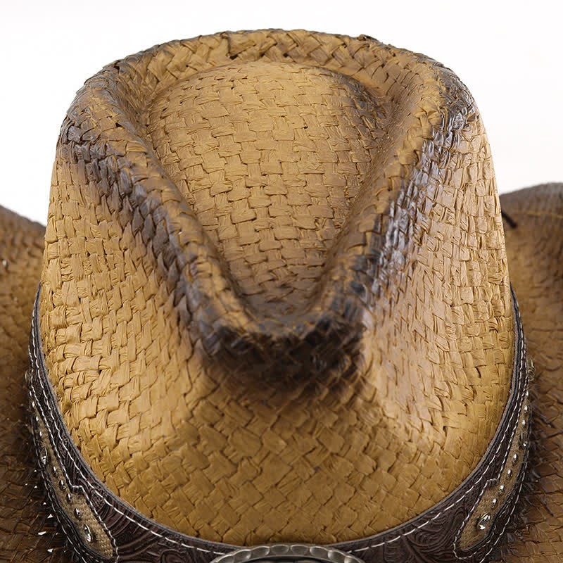 Vintage Flower Buckle Decor Spray Paint Straw Cowboy Hat