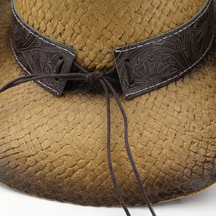 Vintage Flower Buckle Decor Spray Paint Straw Cowboy Hat
