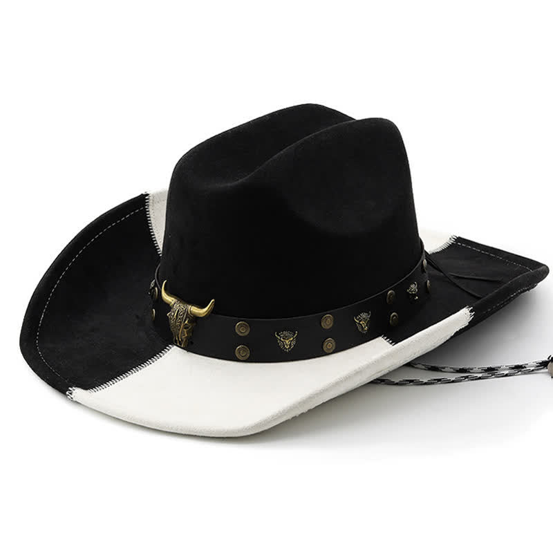 Contrast Black & White Bull Rivets Band Faux Suede Cowboy Hat - Black & White - M (22"-22 7/8") - image 0