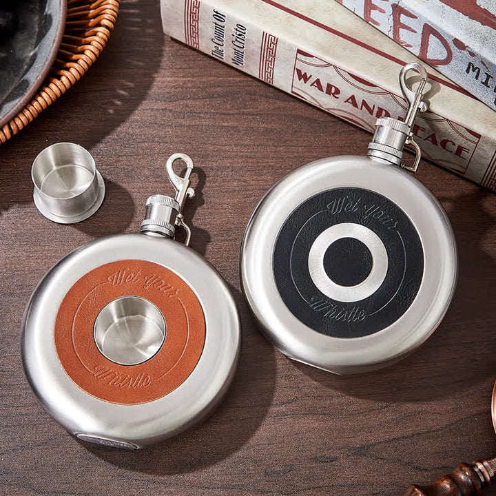 8 oz Round Portable Flask With Embeded Cup And Claw Clasp
