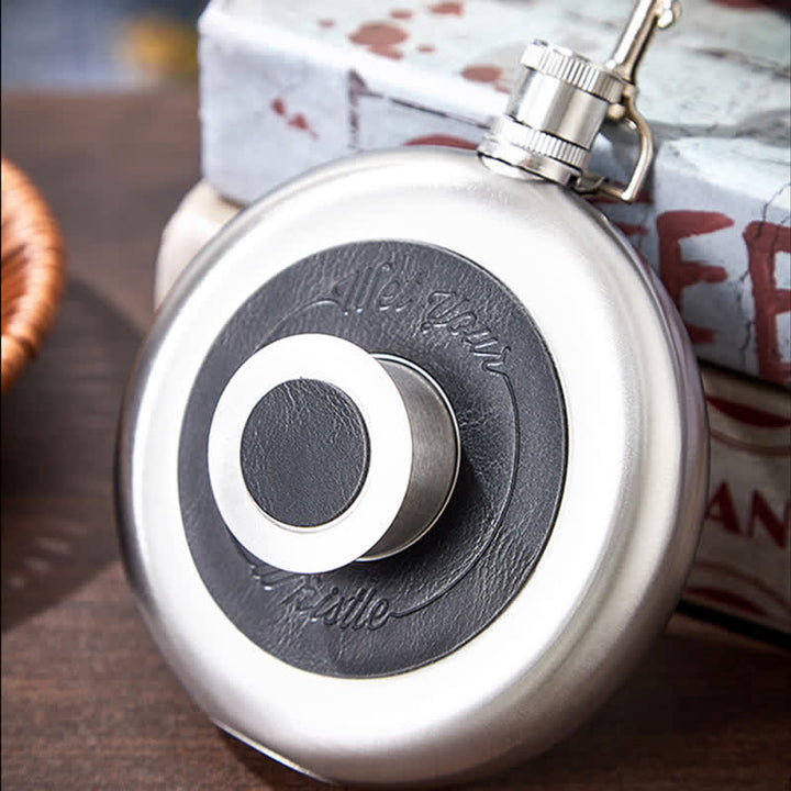 8 oz Round Portable Flask With Embeded Cup And Claw Clasp