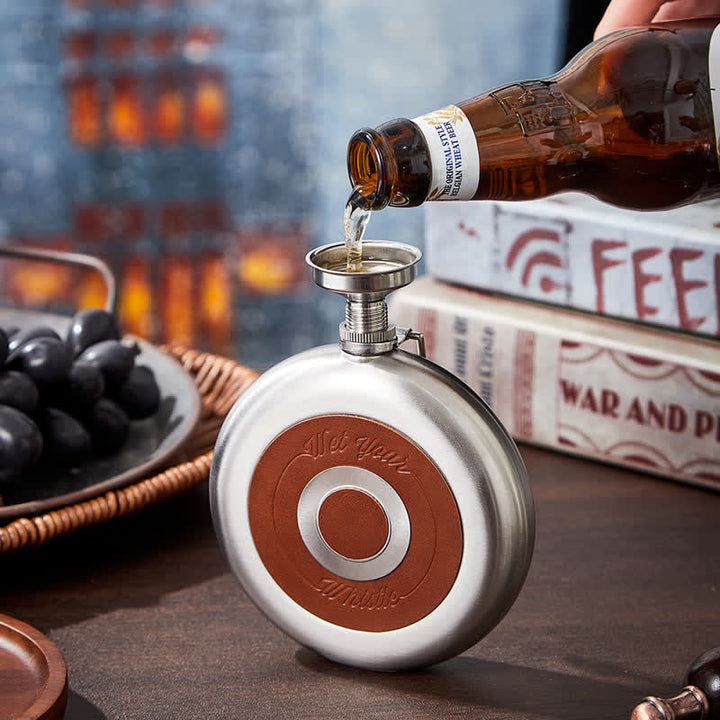 8 oz Round Portable Flask With Embeded Cup And Claw Clasp