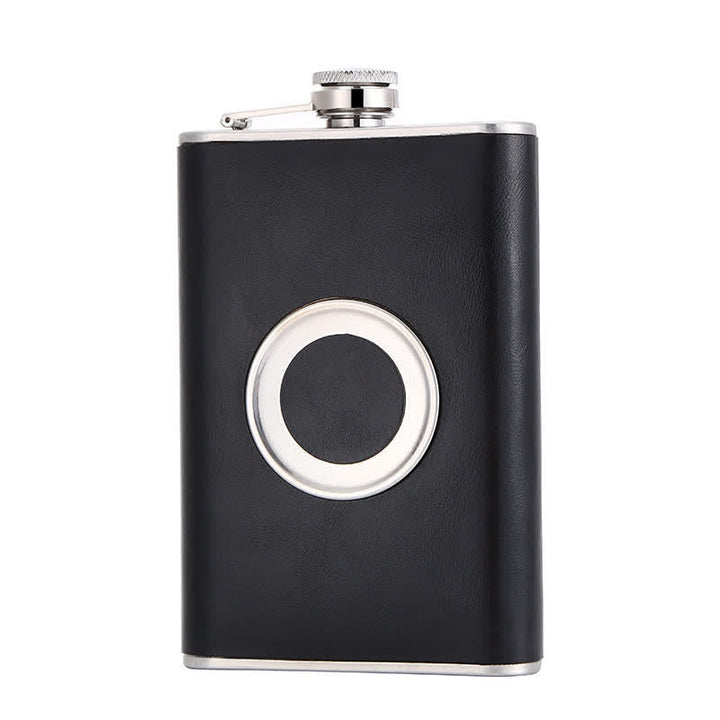 8 oz Leather Veneered Portable Flask With Embeded Cup