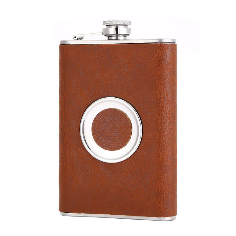 8 oz Leather Veneered Portable Flask With Embeded Cup