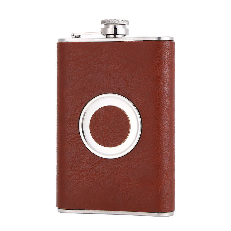 8 oz Leather Veneered Portable Flask With Embeded Cup
