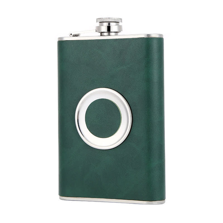 8 oz Leather Veneered Portable Flask With Embeded Cup