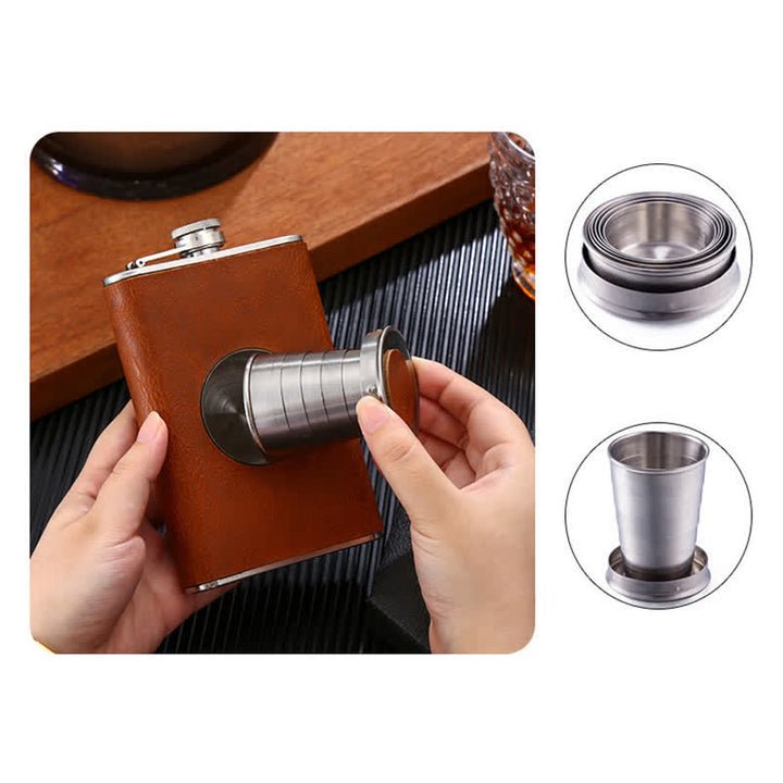 8 oz Leather Veneered Portable Flask With Embeded Cup