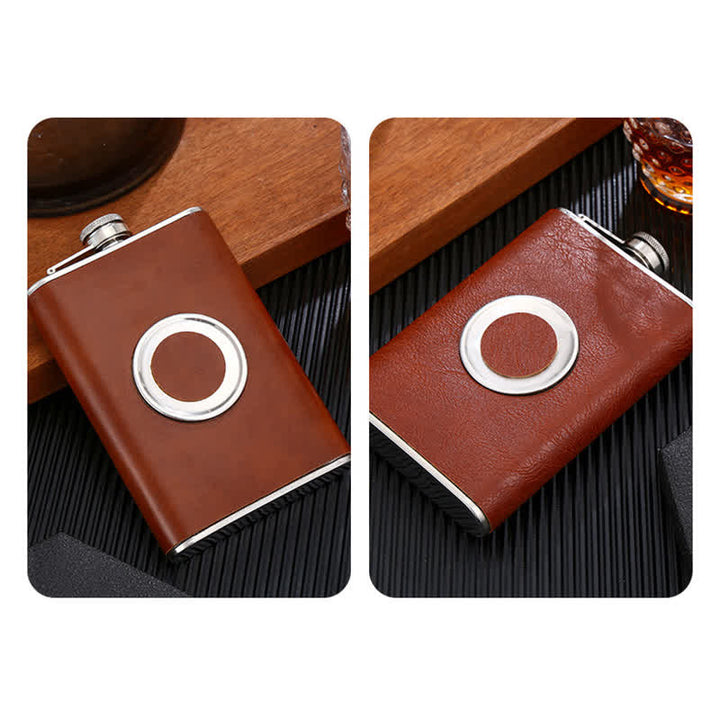 8 oz Leather Veneered Portable Flask With Embeded Cup