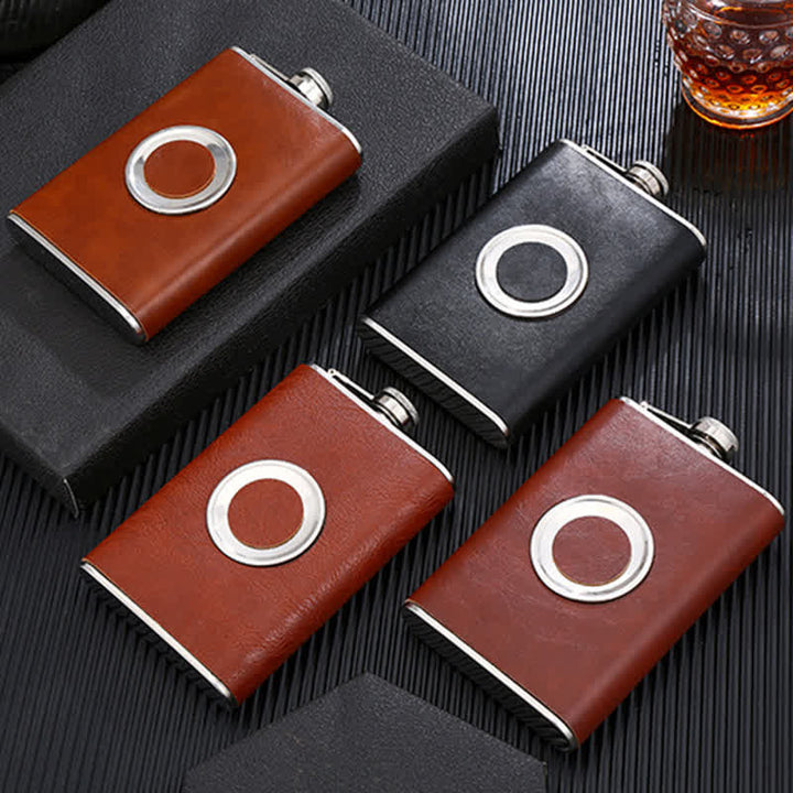 8 oz Leather Veneered Portable Flask With Embeded Cup