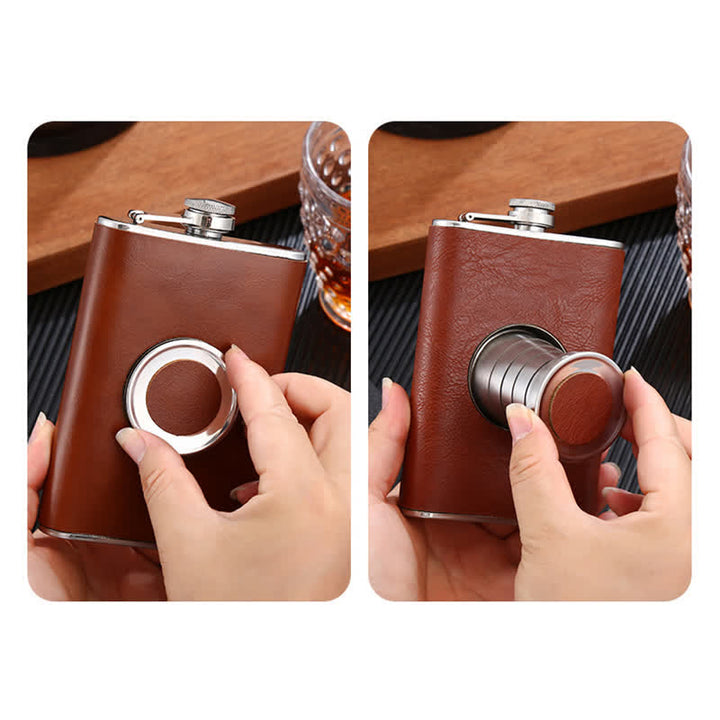 8 oz Leather Veneered Portable Flask With Embeded Cup
