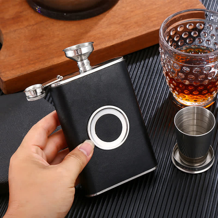 8 oz Leather Veneered Portable Flask With Embeded Cup
