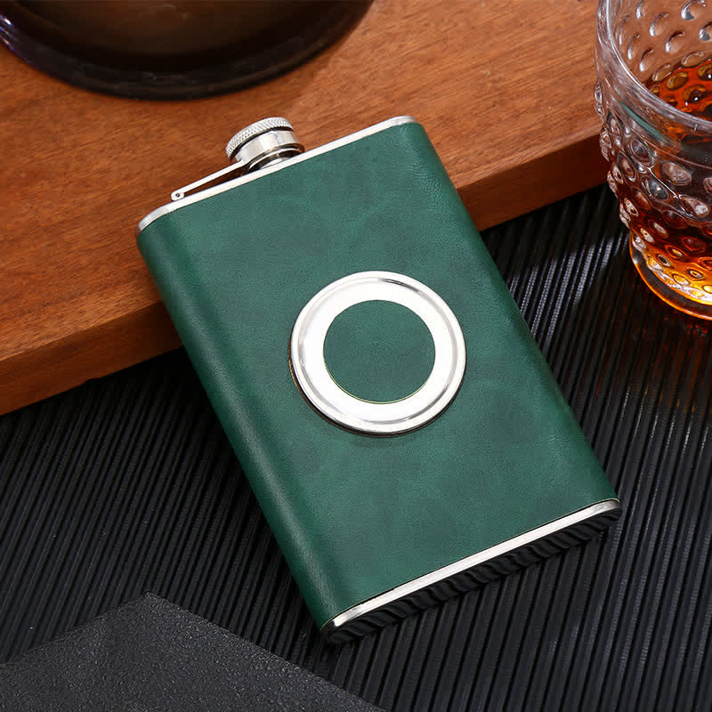 8 oz Leather Veneered Portable Flask With Embeded Cup