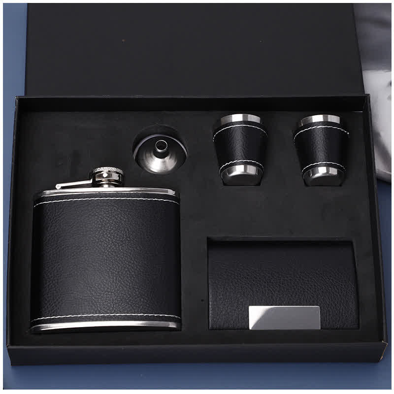 5Pcs Noble 6 oz Black Leather Veneered Cup Flask Gift Set