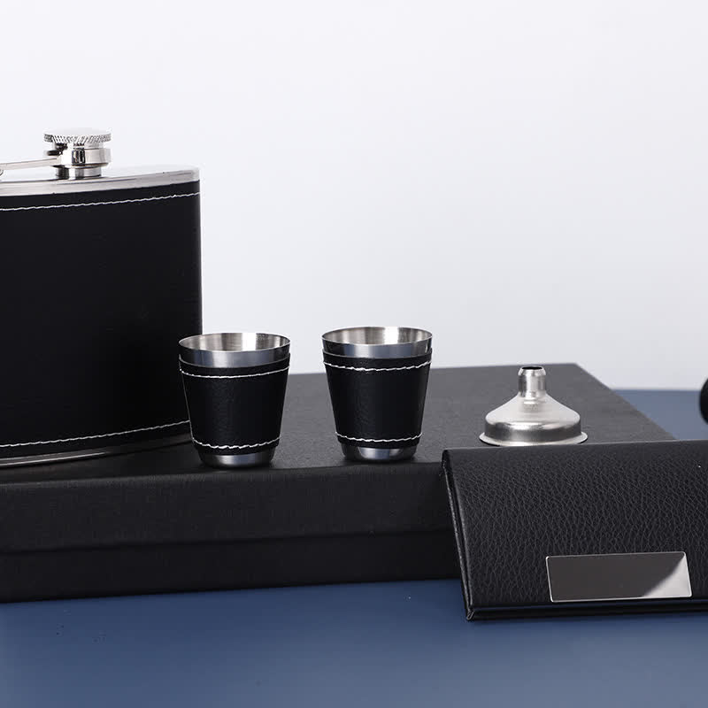 5Pcs Noble 6 oz Black Leather Veneered Cup Flask Gift Set