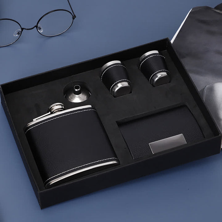 5Pcs Noble 6 oz Black Leather Veneered Cup Flask Gift Set
