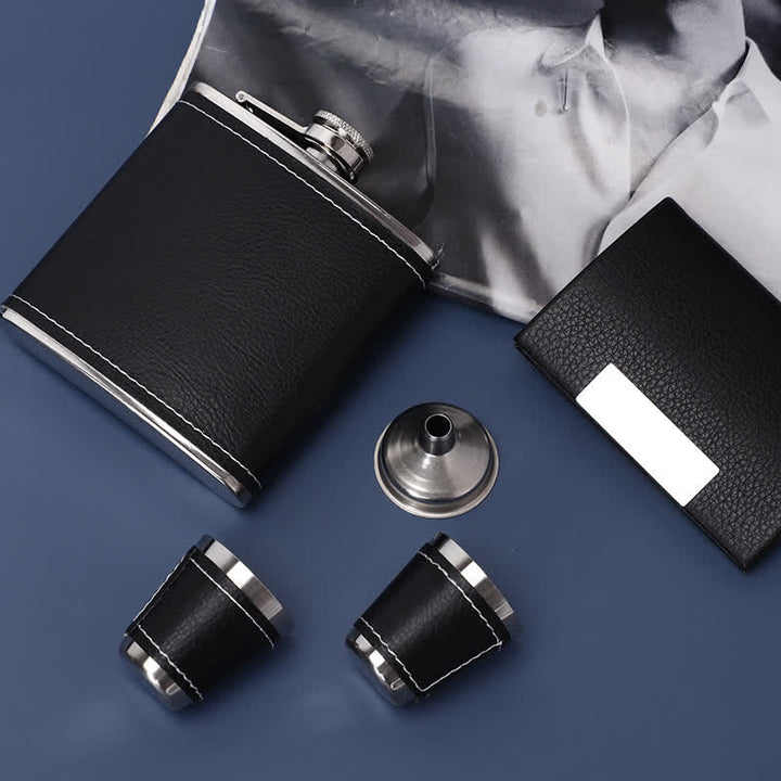 5Pcs Noble 6 oz Black Leather Veneered Cup Flask Gift Set