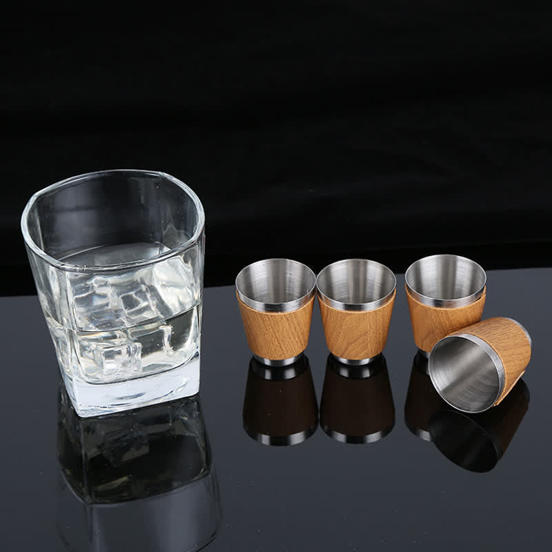 6Pcs Wood Grain Leather Veneered Cup 9 oz Flask Gift Set