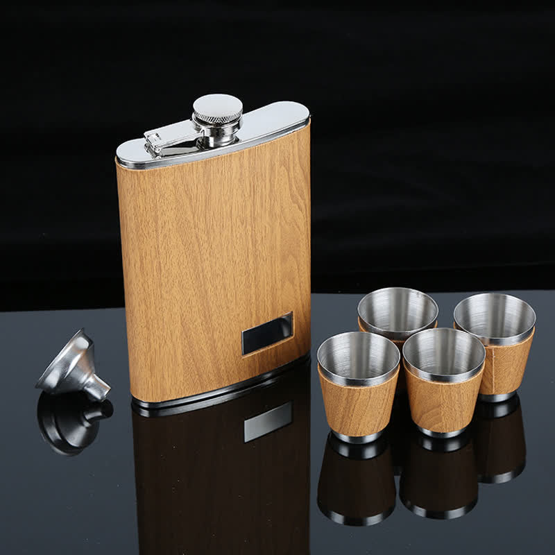 6Pcs Wood Grain Leather Veneered Cup 9 oz Flask Gift Set