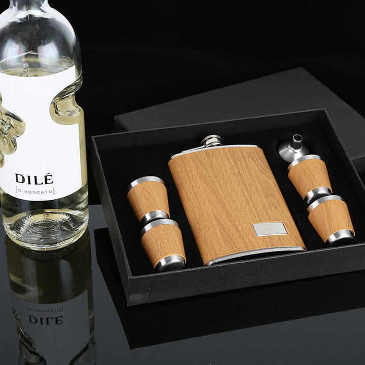 6Pcs Wood Grain Leather Veneered Cup 9 oz Flask Gift Set
