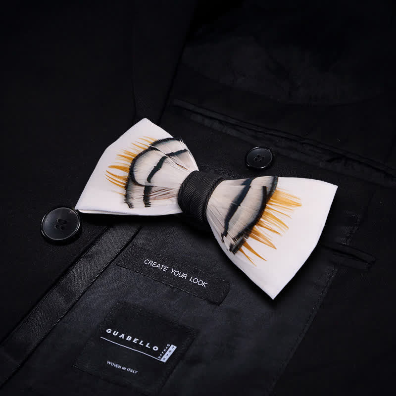 Beige Elegant Feather Bow Tie with Lapel Pin