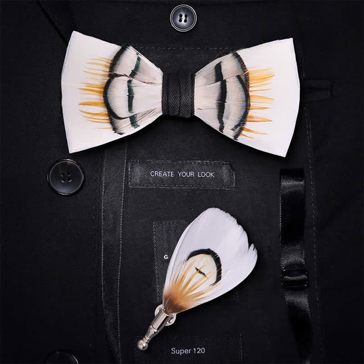 Beige Elegant Feather Bow Tie with Lapel Pin