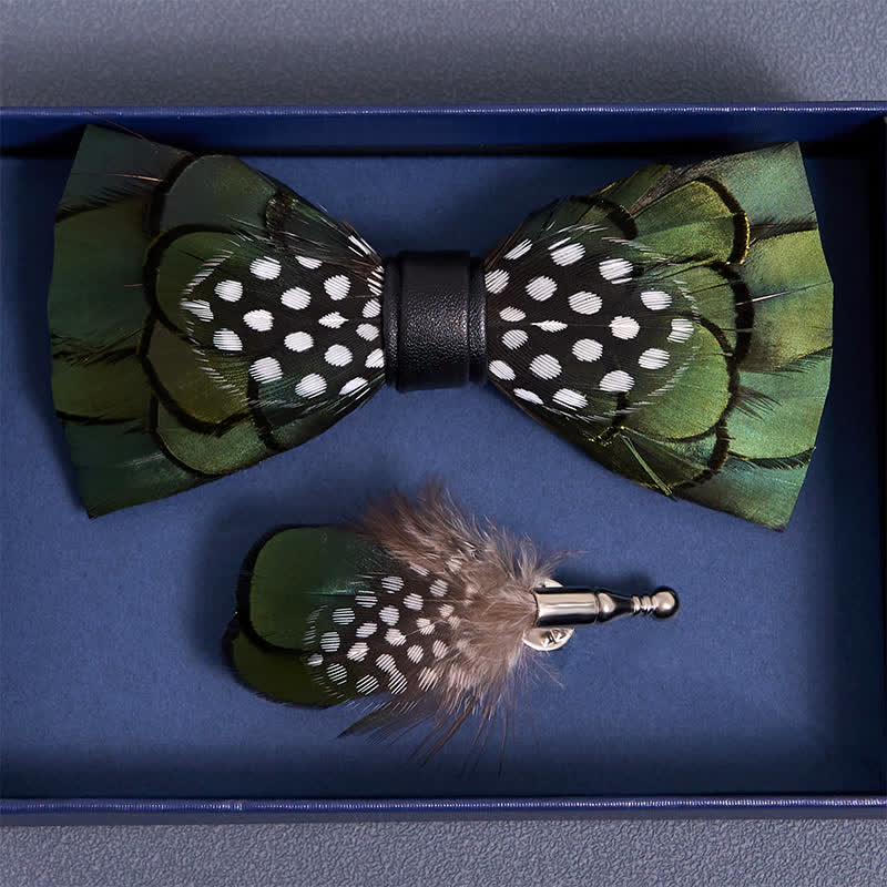 Chic Dark Green Feather Bow Tie with Lapel Pin - image 3