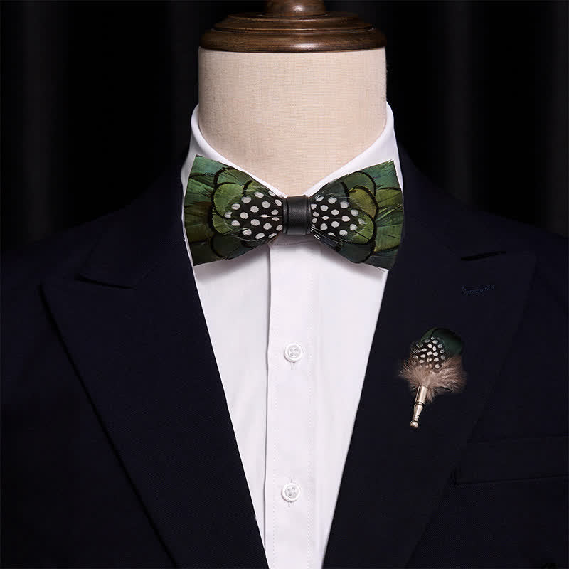Chic Dark Green Feather Bow Tie with Lapel Pin