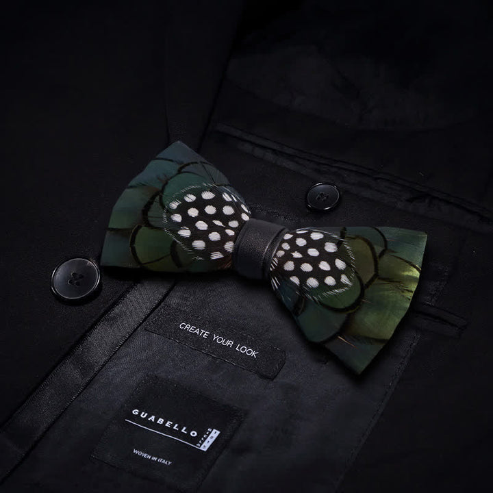 Chic Dark Green Feather Bow Tie with Lapel Pin - image 2