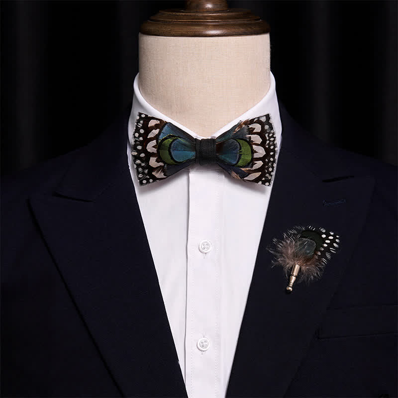 Blue Goose & White Guinea Feather Bow Tie with Lapel Pin - image 1