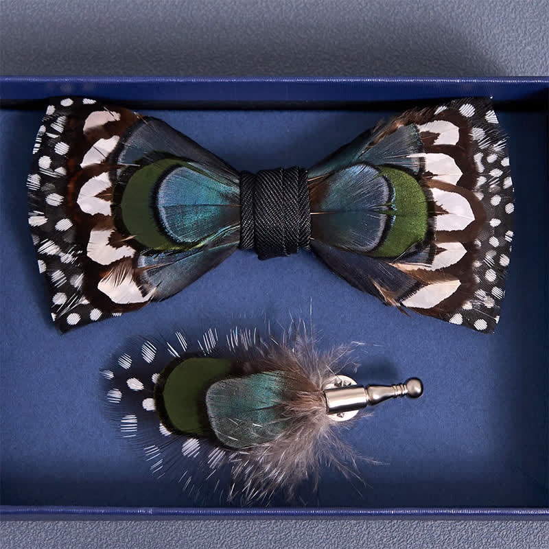 Blue Goose & White Guinea Feather Bow Tie with Lapel Pin - image 3