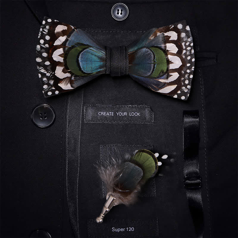 Blue Goose & White Guinea Feather Bow Tie with Lapel Pin - Blue & White - image 0