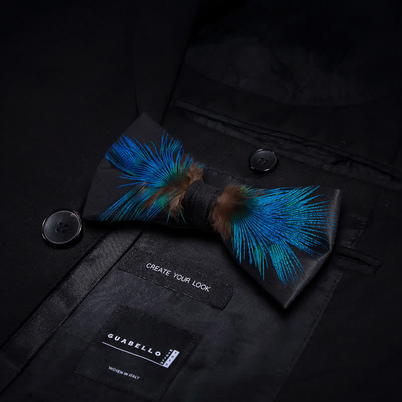 Classy Blue & Black Feather Bow Tie - Blue & Black - image 0