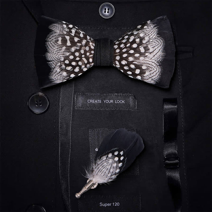 Black & White Interwoven Feather Bow Tie with Lapel Pin