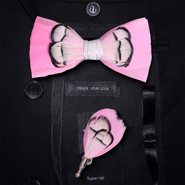 Kid's Powerfully Pink Feather Bow Tie with Lapel Pin