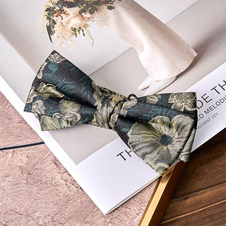 Men's Night Dark Green Floral Double Layered Bow Tie