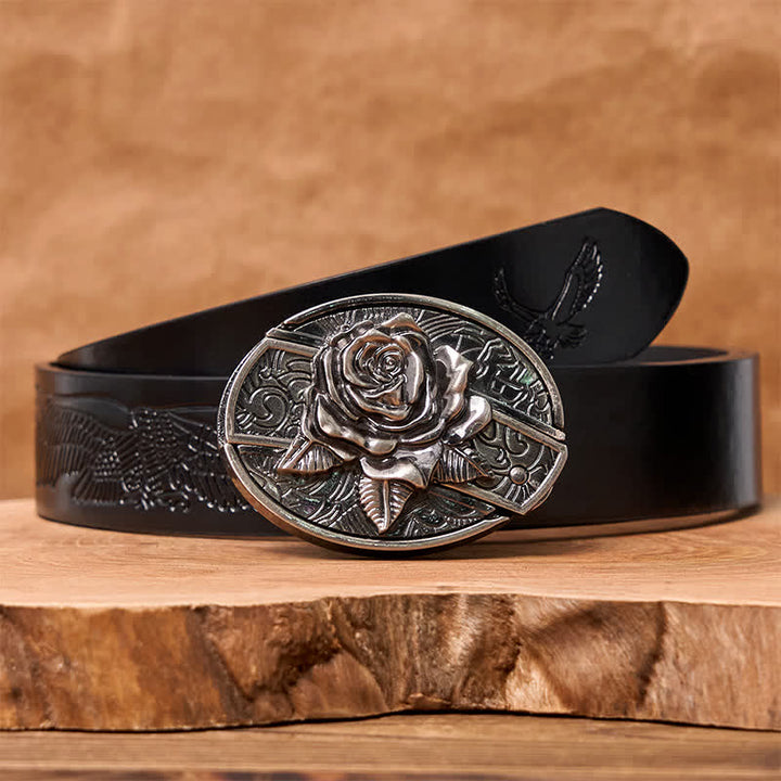 Men's DIY Western Rose Hidden Folding Knife Leather Belt - Western Rose - Black Embossed Eagle Belt - 42 - image 6