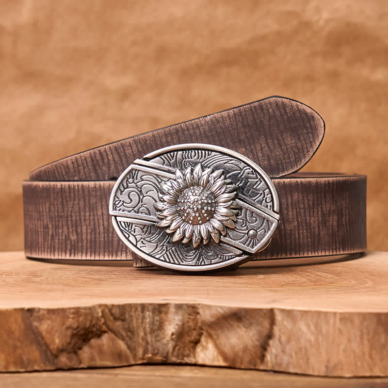 Men's DIY Sunflower Hidden Folding Knife Leather Belt - Sunflower - Brown Distressed Belt - 42 - image 9