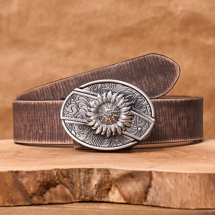 Men's DIY Sunflower Hidden Folding Knife Leather Belt - Sunflower - Brown Distressed Belt - 42 - image 9