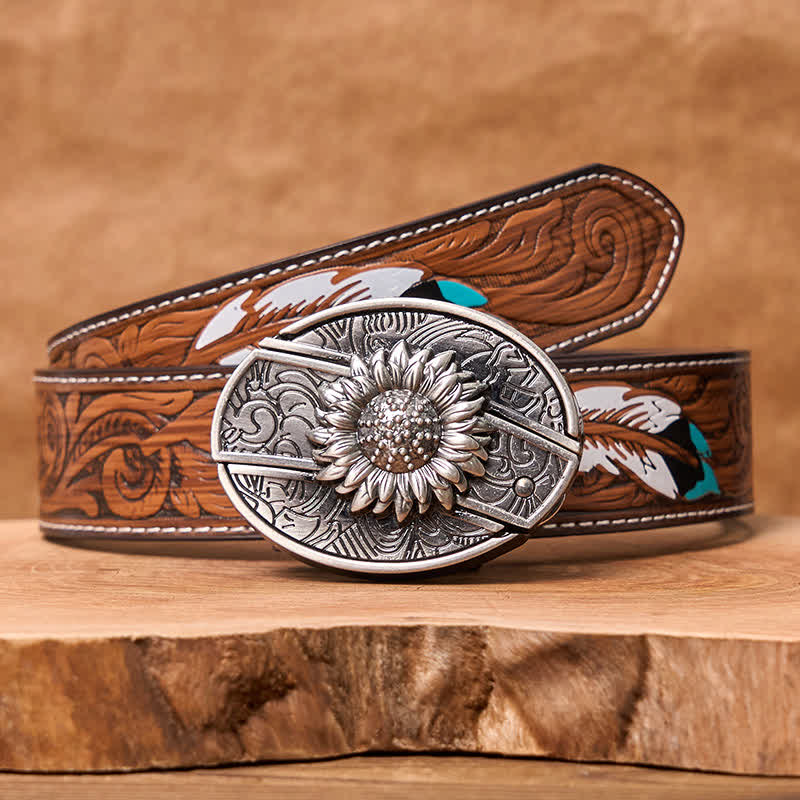 Men's DIY Sunflower Hidden Folding Knife Leather Belt - Sunflower - Brown Feather Belt - 40 - image 10