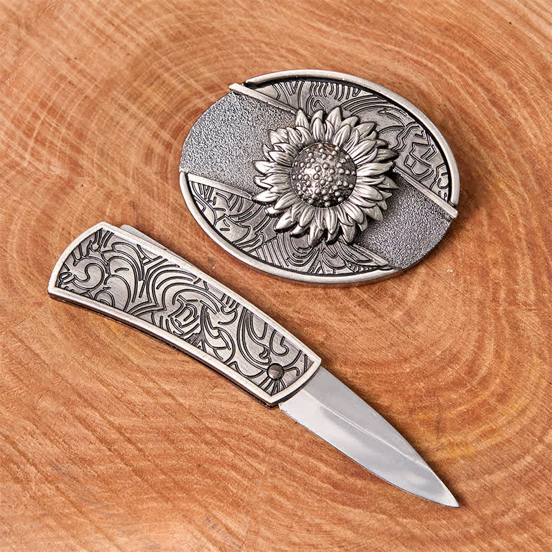 Men's DIY Sunflower Hidden Folding Knife Leather Belt - image 2
