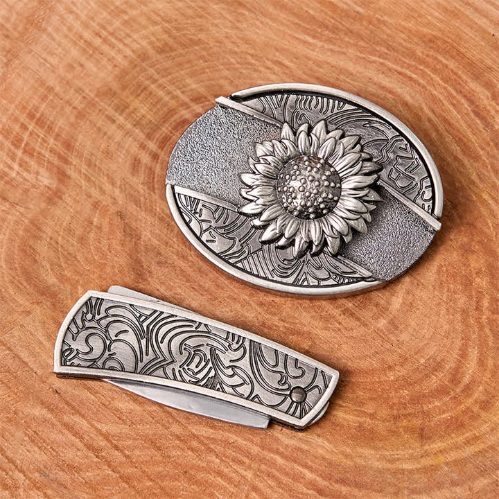 Men's DIY Sunflower Hidden Folding Knife Leather Belt - image 3