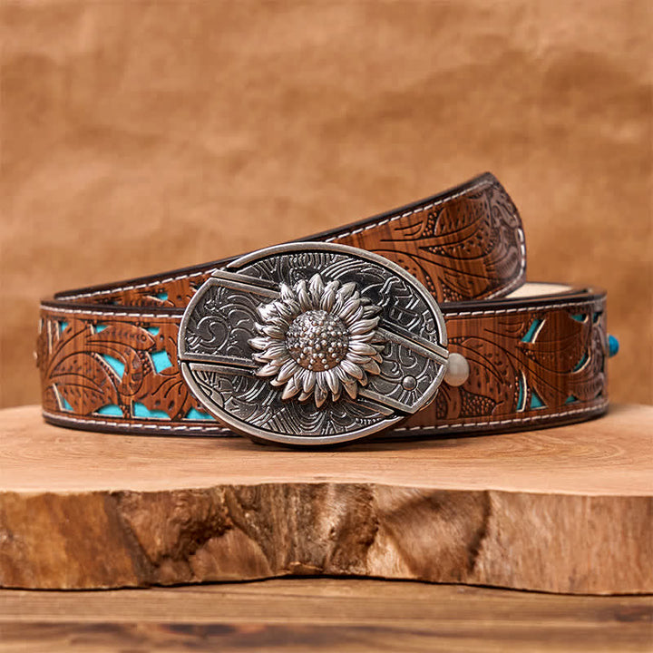 Men's DIY Sunflower Hidden Folding Knife Leather Belt - Sunflower - Turquoise Carved Belt - 42 - image 6