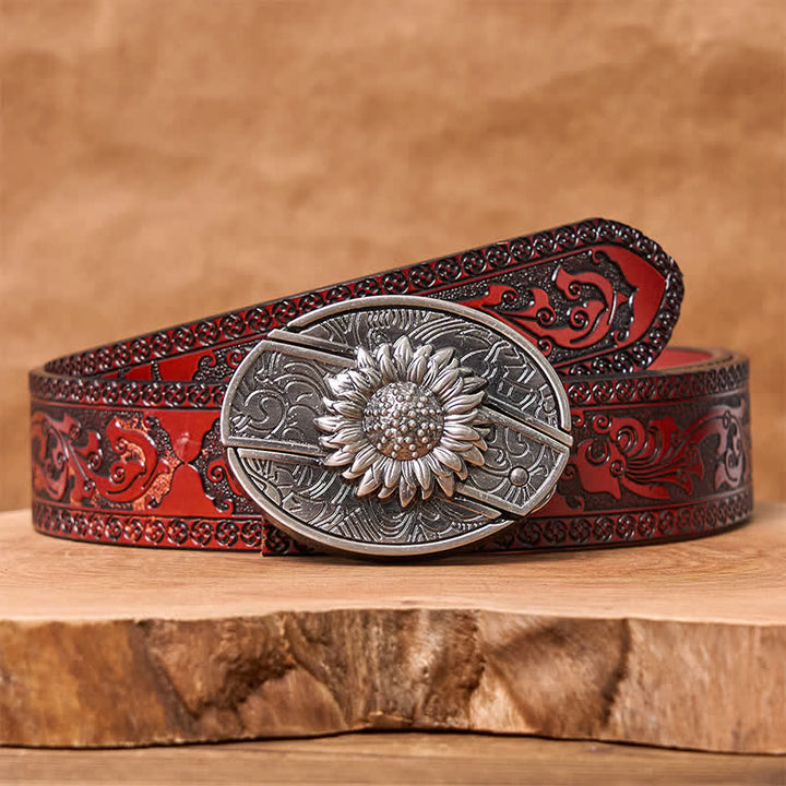 Men's DIY Sunflower Hidden Folding Knife Leather Belt - Sunflower - Brown Carved Belt - 42 - image 7